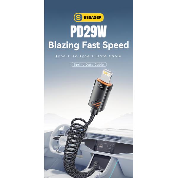 ESSAGER ES-X66 Spring Style 29W USB-C To Lighting Charging Cable Cord 1.8m Length Shielding Braid Included