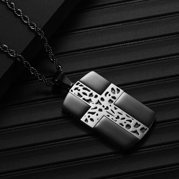 Stainless Steel Men's Cross Necklace Christian Jewelry Black Cross Pattern Square Necklace for Gift Occasion