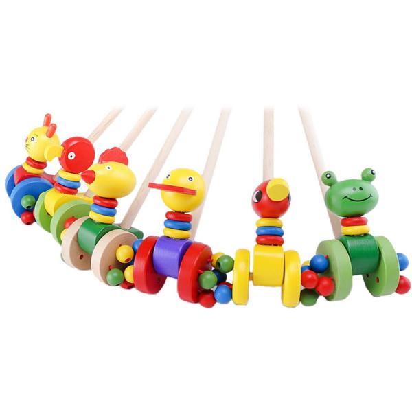 Kids Wooden Cartoon Animals Trolley Car Wood Pushing Toy Random Color