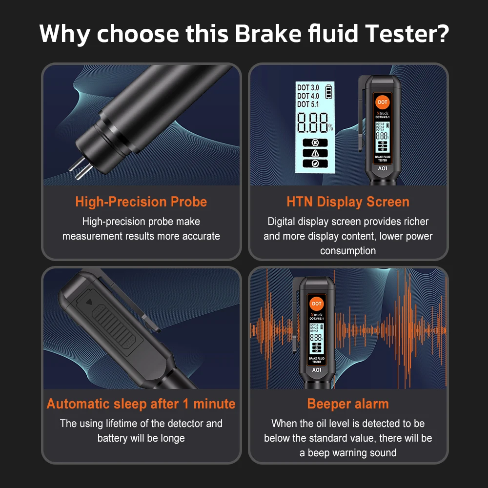 Digital Brake Fluid Tester with 155mm*30mm*25mm Size 38.5g Weight and 0~50°C Usage Environment for DOT3/DOT4/DOT5.1 Brake Oil