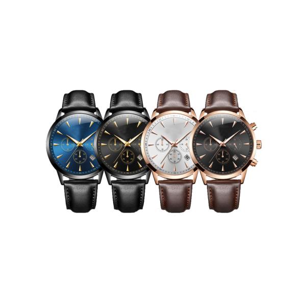 316L Stainless Steel Chronograph Watch Quartz Movt Black Leather Strap