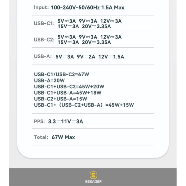 ESSAGER G671A2CU Series USB Fast Charger Type C Quick Charger 67W