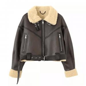 Cheap                  Custom Cropped Leather Jacket Vintage Women&prime;s Motor Jackets Brand Quality Sherpa Warm Bomber Coat for Women Winter              wholesale