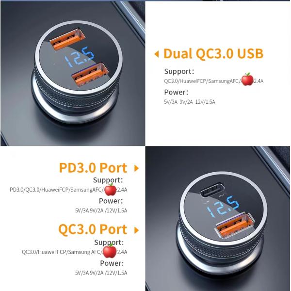 ESSAGER PD3.0 QC3.0 36W LED Digital Display USB C Car Chargers Dual Port