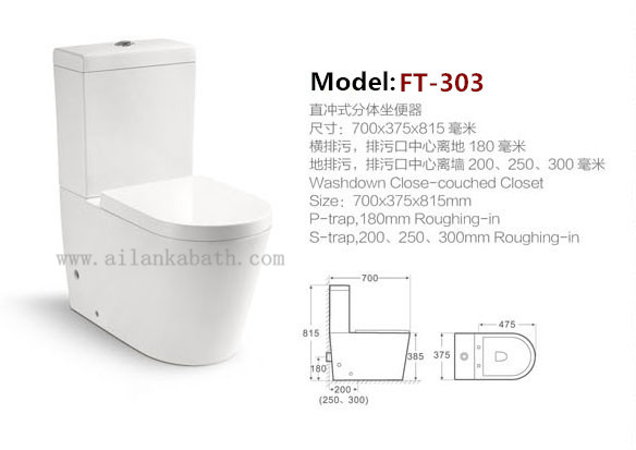 Sanitary Ware Bathroom Washdown Two piece Toilet with 10cm/4inch diameter outlet Ceramic Toilets