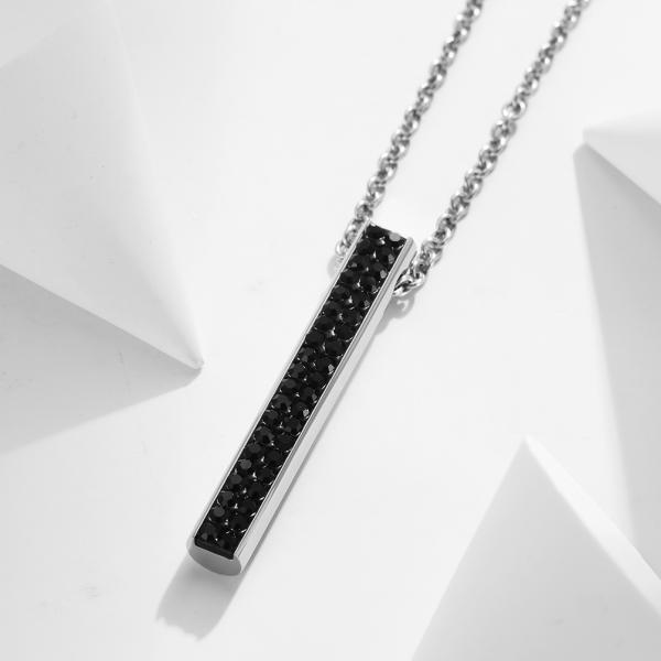 Black Stainless Steel and Carbon Fiber Bar Necklace Diamond Christian Religious Pendant