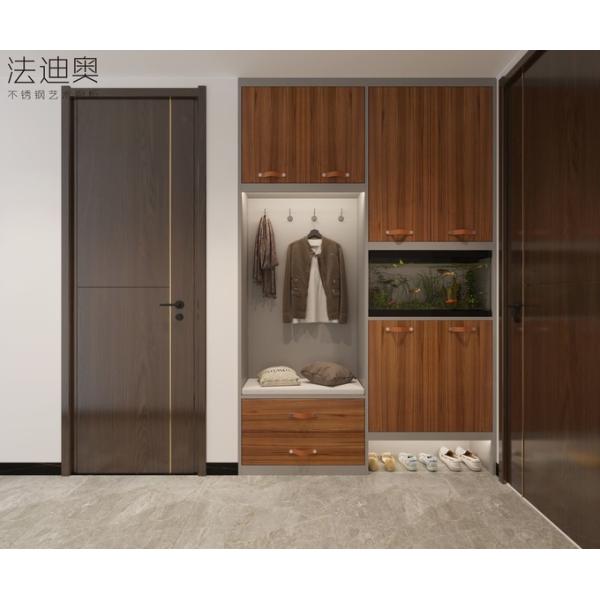 Full-Stainless Steel Shoe Cabinet With Leather Handles And Storage In Warm Walnut Finish