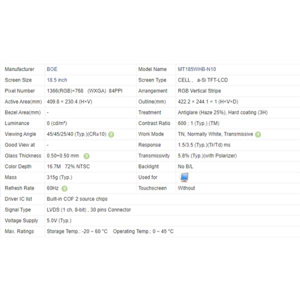 18.5 Inch TFT LCD Monitor MT185WHM-N10 1366 X RGB X 768 Touchscreen Lcd Panel