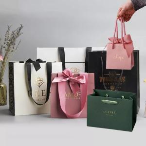Cheap Grosgrain Handle Matte Black Paper Bag Gold Hot Stamping Retail Paper Shopping Bag wholesale