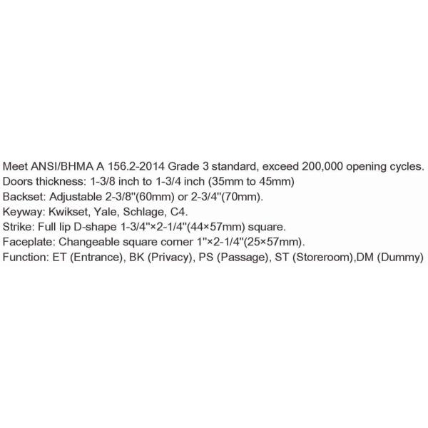 Door Thickness 1-3/8 Inch to 1-3/4 Inch 35mm to 45mm Security Grade:ANSI Grade 3 Dummy Function DM