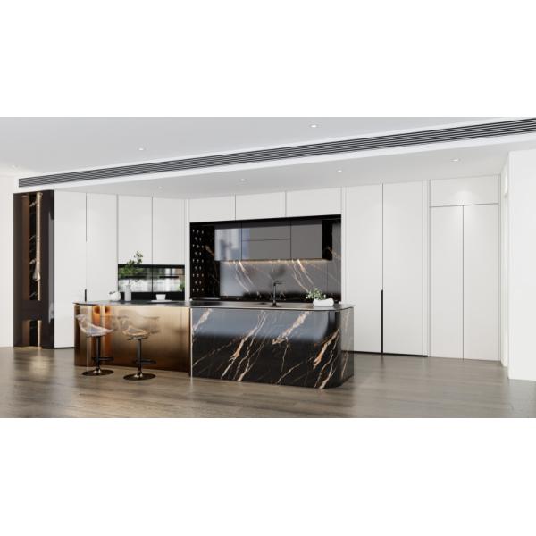 Luxury SS Modern Kitchen Cabinet With Multifunctional Curved Metallic Gold Island