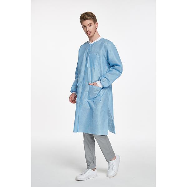 High Performance Premium Quality SMS Disposable Lab Coat With Knitted Cuffs and Collar Light Blue