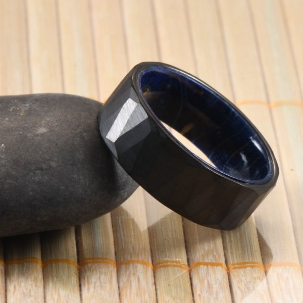 Blue Purple Box Elder Wood Inner Brushed Faceted Styles 8mm Classic Silver or Black Tungsten Ring for Men Wedding Bands