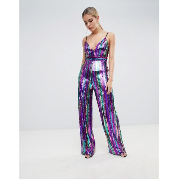 2019 new style sequin plunge front wide leg jumpsuit in rainbow stripe for girls