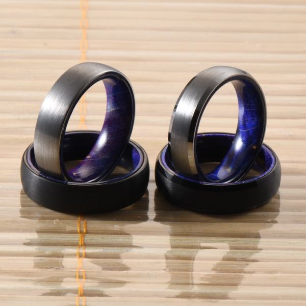 Gender Unisex Stylish Jewelry Gift Classic 6mm Beveled Tungsten Ring Black or Silver Plated with Blue Purple Wood Inside