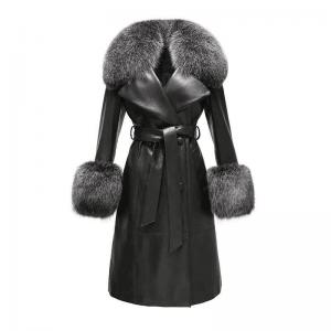 Cheap                  Winter Fox Fur Collar Cuffs Women Long Leather Jacket Black Genuine Sheepskin Trench Leather Fur Coats for Ladies              wholesale