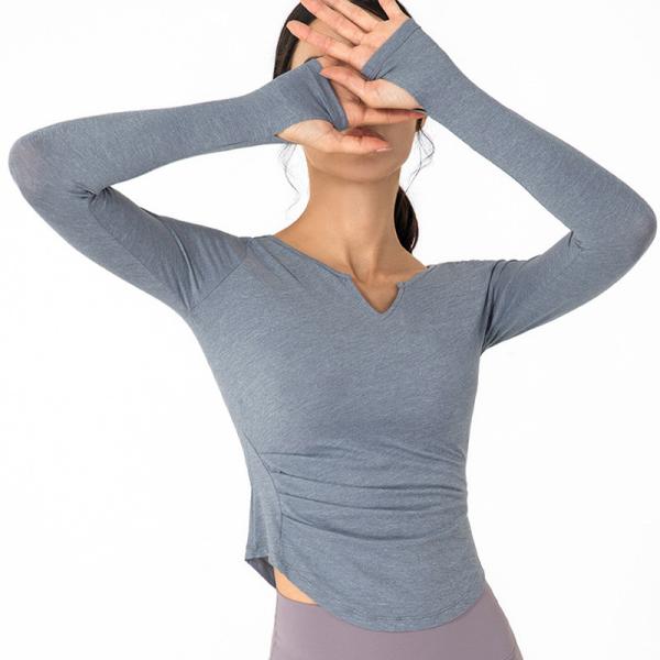 Nylon V Neck Running Top Nude Feeling Gym Long Sleeve Womens Workout Top