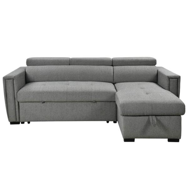 L-Shaped Reversible Sectional Sleeper Sofa with Pull-Out Bed and Storage and USB Charging Ports, Metal Gray Chenille