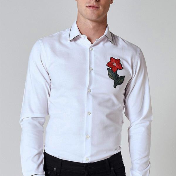 Custom Embroidery Mens Fashion Casual Shirts , White Long Sleeve Collar Shirt