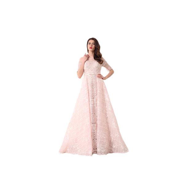 Light Pink Half Sleeve Evening Dresses / Saudi Wedding Bridesmaid Dress