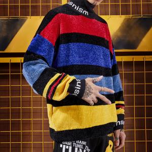 Cheap small quantity clothing manufacturer Drop Shoulder Graffiti Rainbow Striped Sweater Chenille Ins Lazy Half Turtleneck wholesale