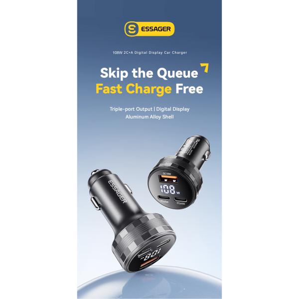 ESSAGER ES-CC25 QC18W USB-A Dual PD45W USB C Car Phone Charger Adapter With Digital Display