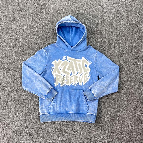 Custom logo Retro French Terry Blue Distressed Hoodie Acid Wash Vintage Pullover Fashion Streetwear Hoodie