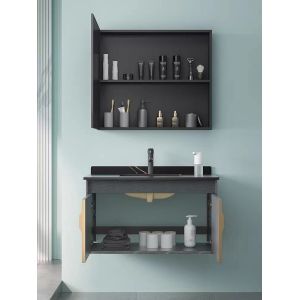 Grey Black Ceramic Wash Basin Cabinet Set Aluminium Mirrored Bathroom Cabinet