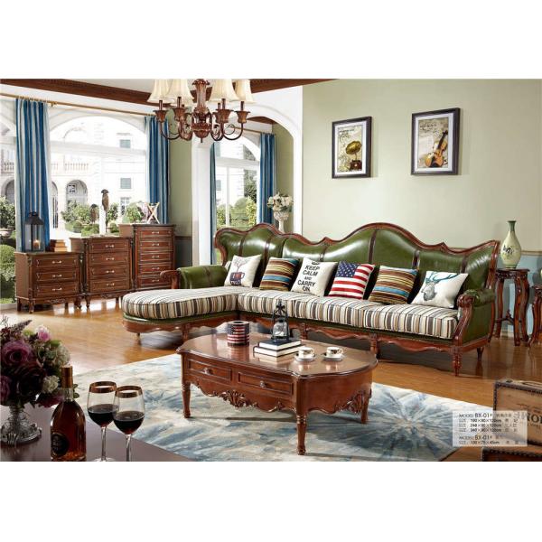 Classic Wood Frame Fabric Antiqued Leather Sofa