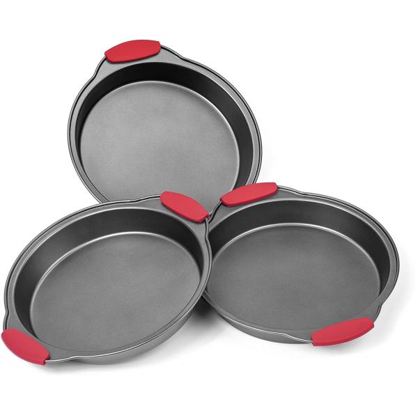 3 Piece NonStick Cake Pans Set with Silicone Handles Easy Release Non Stick Coating Wide Round Ends For Easy Handling