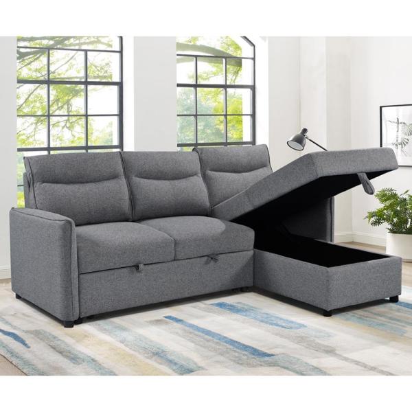L-Shaped Reversible Sectional Sleeper Sofa with Pull-Out Bed and Storage, Gray Fabric