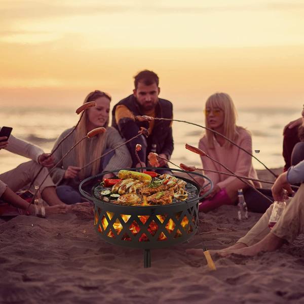 Round Portable Wood Burning Fire Pit Camping Bonfire With BBQ Grill