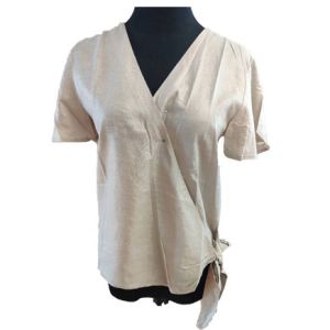 Cheap V Neck Tie Loose Short Sleeve Women Blouse Shirt wholesale