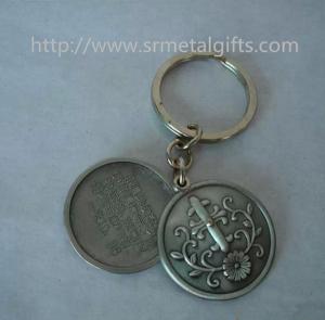 China Retro antique pewter religious theme coin holder keyrings, antique pewter coin keychains, on sale