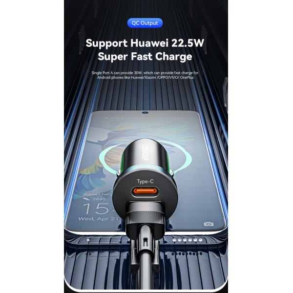 ESSAGER ES-CC12 30W Type C USB A Phone Car Charger Fast Charging QC3.0 PD3.0