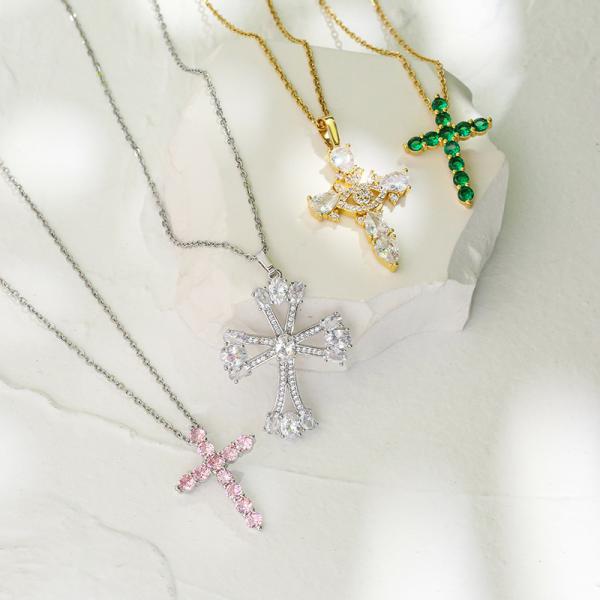 Zircon 24k Gold Plated Cross Pendant Necklace 925 Sterling Silver Crystal Choker