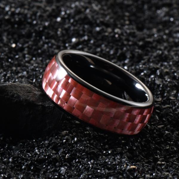 8mm Black Ceramic Wedding Band With Pink Carbon Fiber Inlay And Invisible Setting