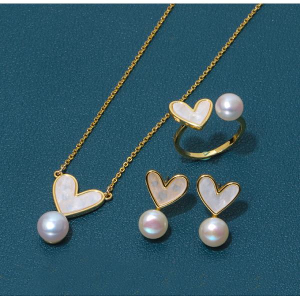 Natural Pearl Shell Chokers Necklace Heart Shape 925 Sterling Silver Necklace Shell Earring Ring Jewelry for Women Gift