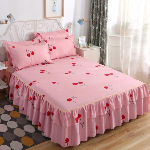 Modern Floral Plant Printed Woven 100% Cotton Bed Cover Fitted Skirt Sheets 3pcs Bedding Bedspread Sets
