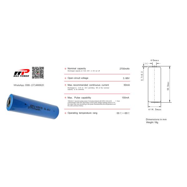 Primary Li SoCI2 Battery ER14500 Leak Proof Long Cyle Life AA ER14505 Light Weight