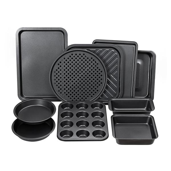 Complete Bakeware Set 10-Piece Non-Stick, Oven Crisper, Pizza Tray, Roasting, Loaf, Muffin, Square, 2 Round Cake Baking