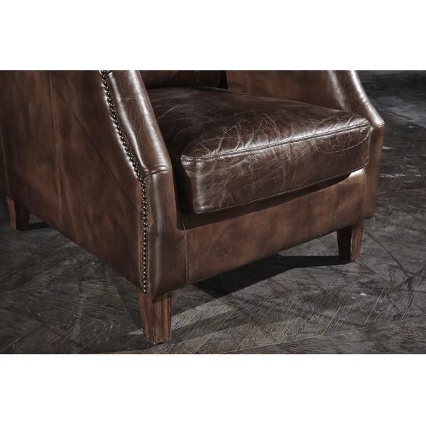 Industrial Retro Vintage Cigar High Back Leather Armchair With Solid Wood Legs