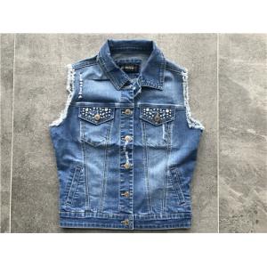 Cheap Medium Wash Denim Jacket , Embellished Denim Jacket Sleeveless TW71813 wholesale