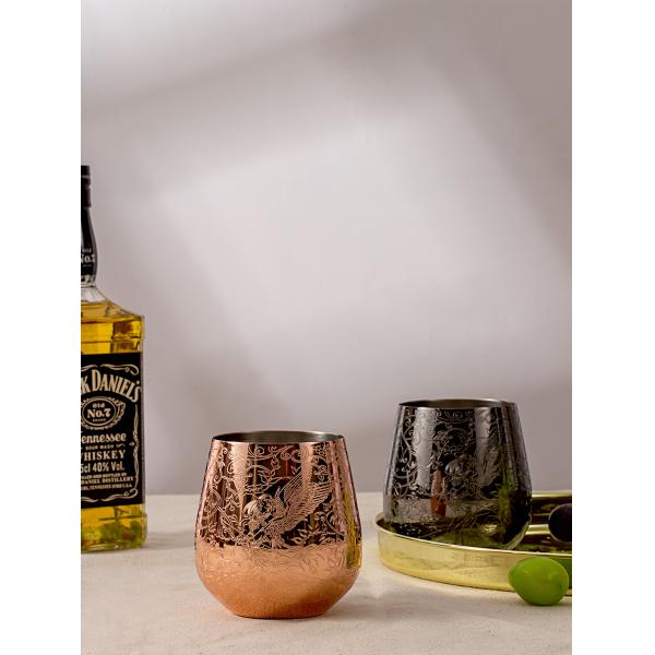 Sleek Single Wall Black Stainless Steel Wine Glass Egg Shape Etched with Fairy and Castle Design