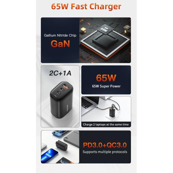 Travel GaN PD Wall Charger 65w 3 USB Port USB A Type C Fast Charging