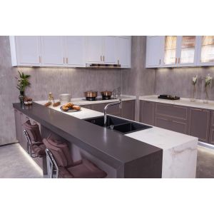 Modern Grey Brass - Trimmed Kitchen Cabinets - Island - Glass Storage