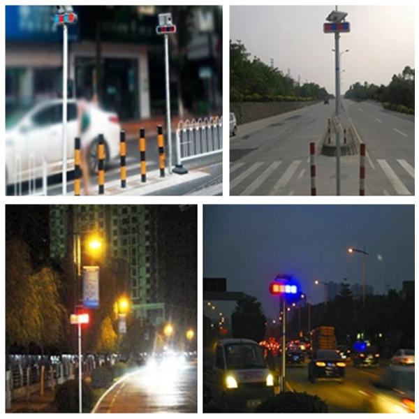 Solar LED warning light | outdoor construction light | signal strobe light red and blue four lights | double-sided road