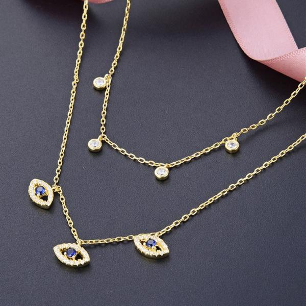 Double Layer Evil Eye Bezel Set Diamond Necklace Women Bezel Set Pendants