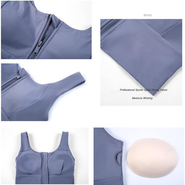 Blue Grey Gathered Women's Sports Bra Front Zip Shockproof Gym Running Fitness Crop Top