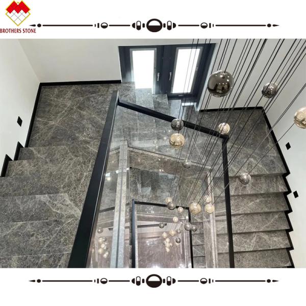 Grey Marble Stair Treads And Risers With Polished Finish For Interior Straight Stairs